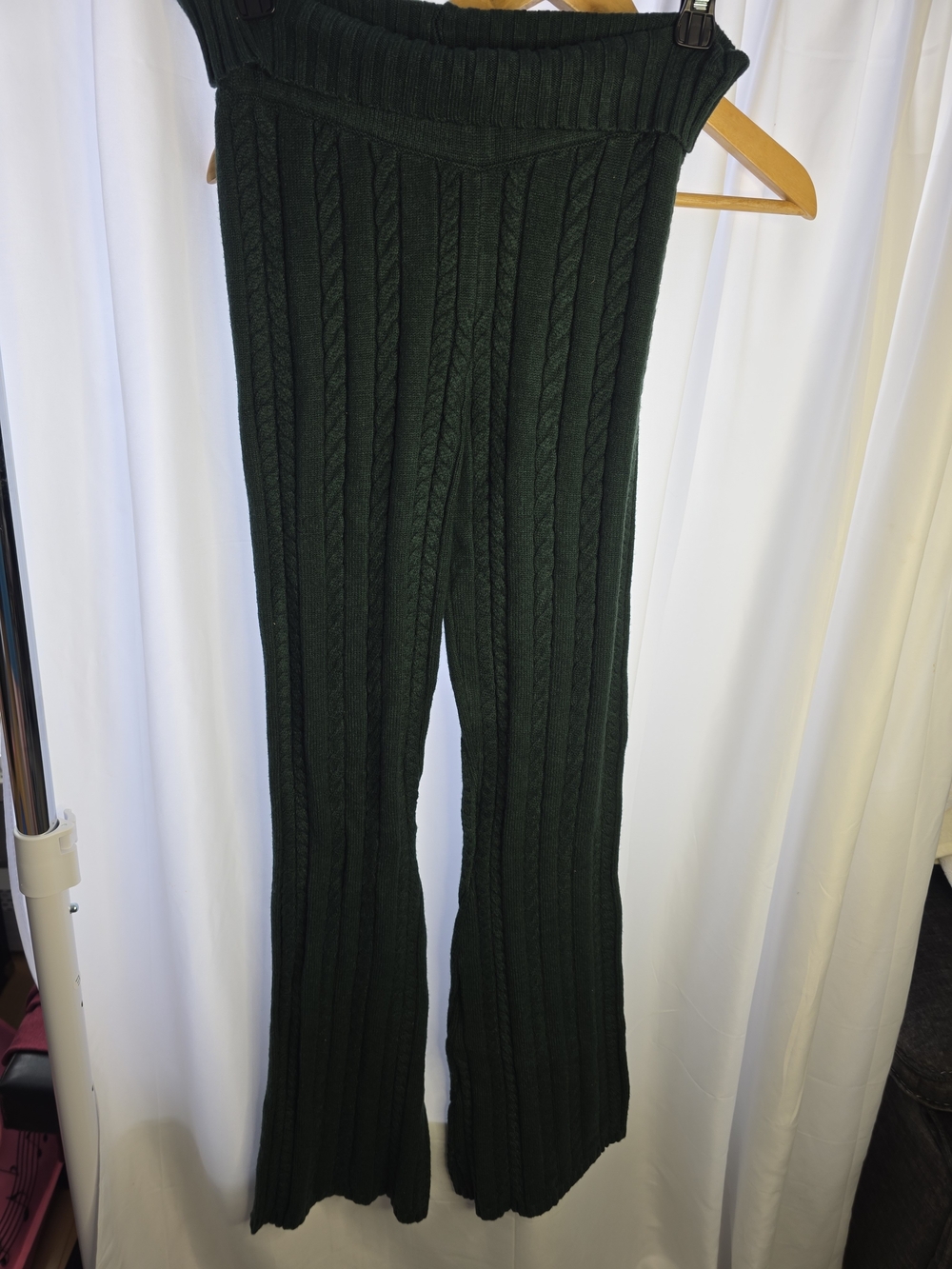 Harper Dark Green Cable-Knit Wide-Leg Pants